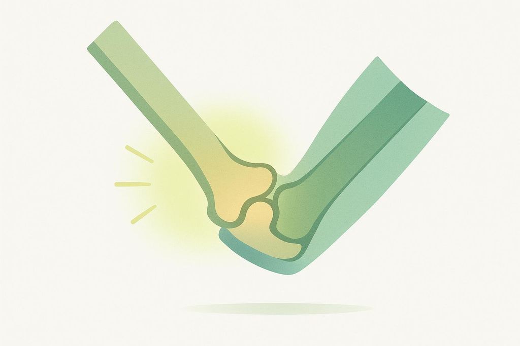 A stylized illustration of an elbow joint bending. The bones are depicted in shades of green and yellow, with a bright yellow glow and radiating lines emanating from the joint, suggesting flexibility or perhaps pain/inflammation.