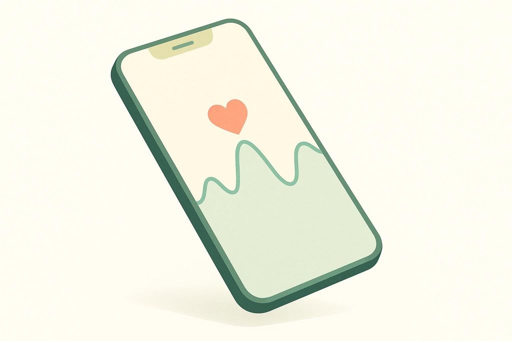 An illustration of a smartphone screen displaying a green waveform, like a heart rhythm, with a red heart icon above it. The phone is green and tilted, suggesting a health or wellness app.