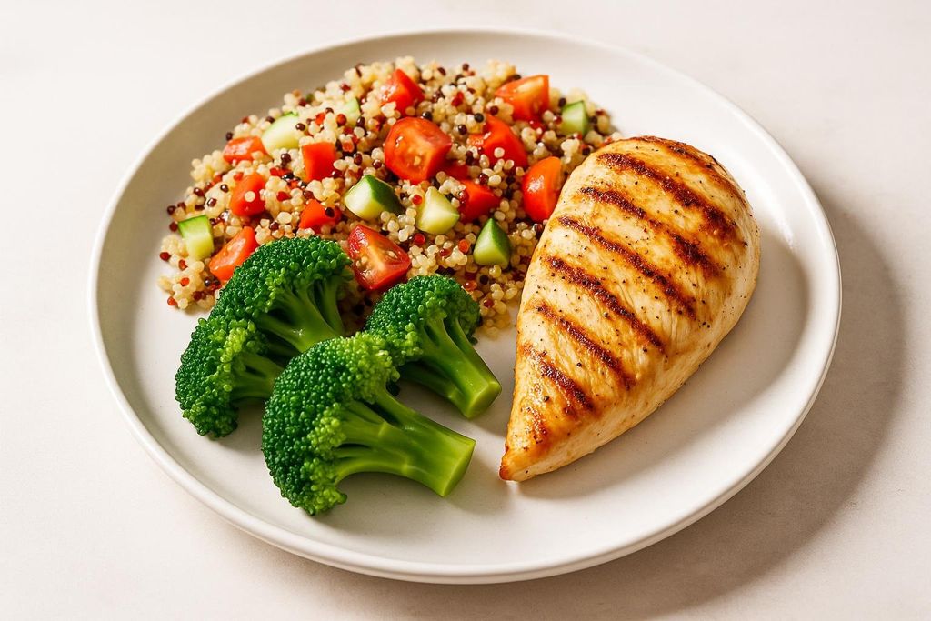 A close-up view of a healthy and balanced meal served on a white plate, featuring a grilled chicken breast, a serving of quinoa salad with diced tomatoes and cucumbers, and three florets of steamed broccoli. The chicken has visible grill marks and the quinoa is a mix of colors. The lighting is bright and even, highlighting the textures of the food.