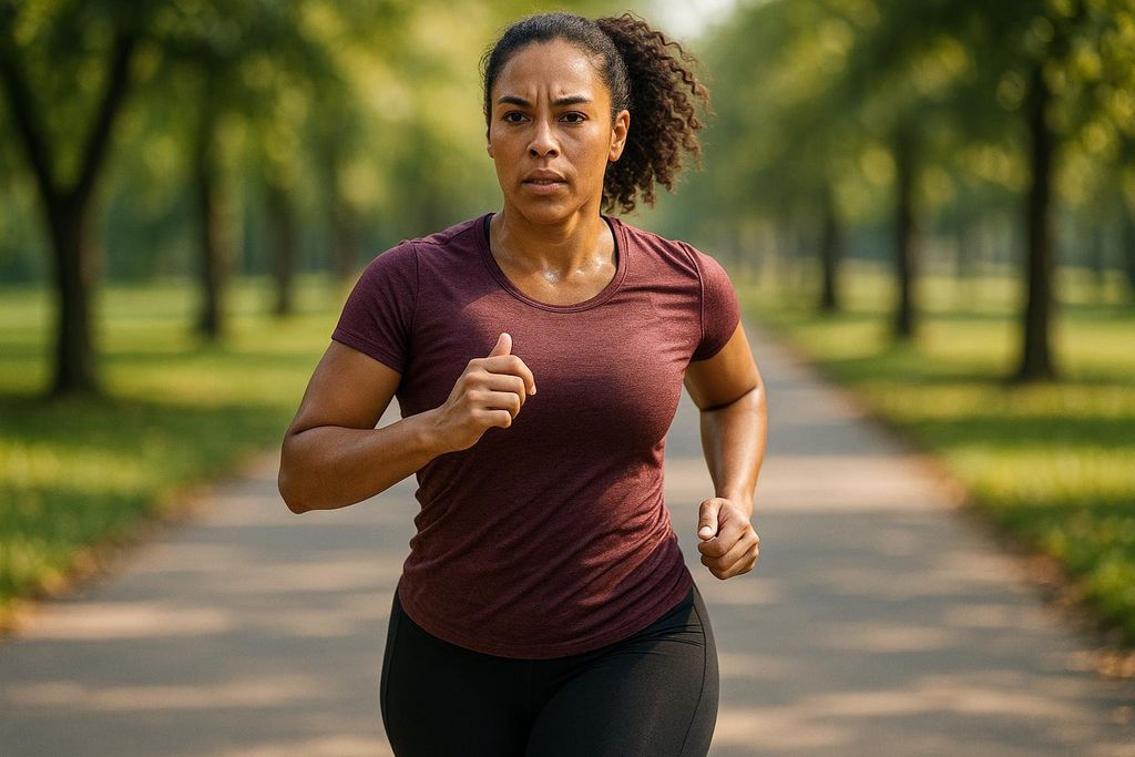 A focused woman with curly hair tied back is jogging on a paved path in a park, wearing a maroon t-shirt and black leggings. She is sweating and looking directly ahead, with green trees lining the path in the background.