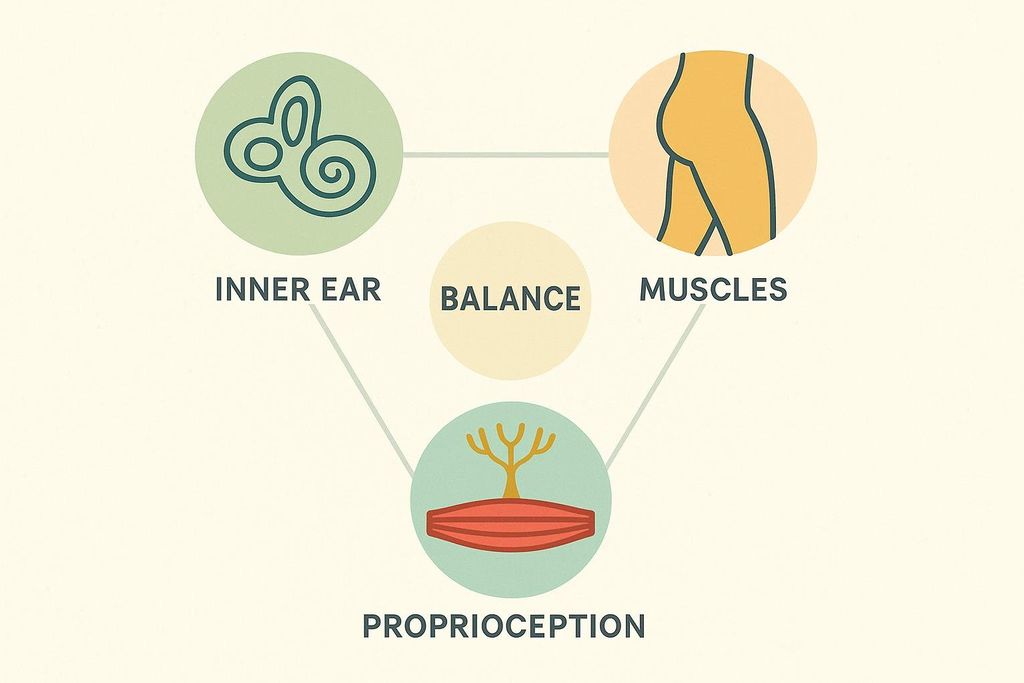 A diagram illustrating the three main systems contributing to balance: the inner ear (vestibular system), muscles, and proprioception.
