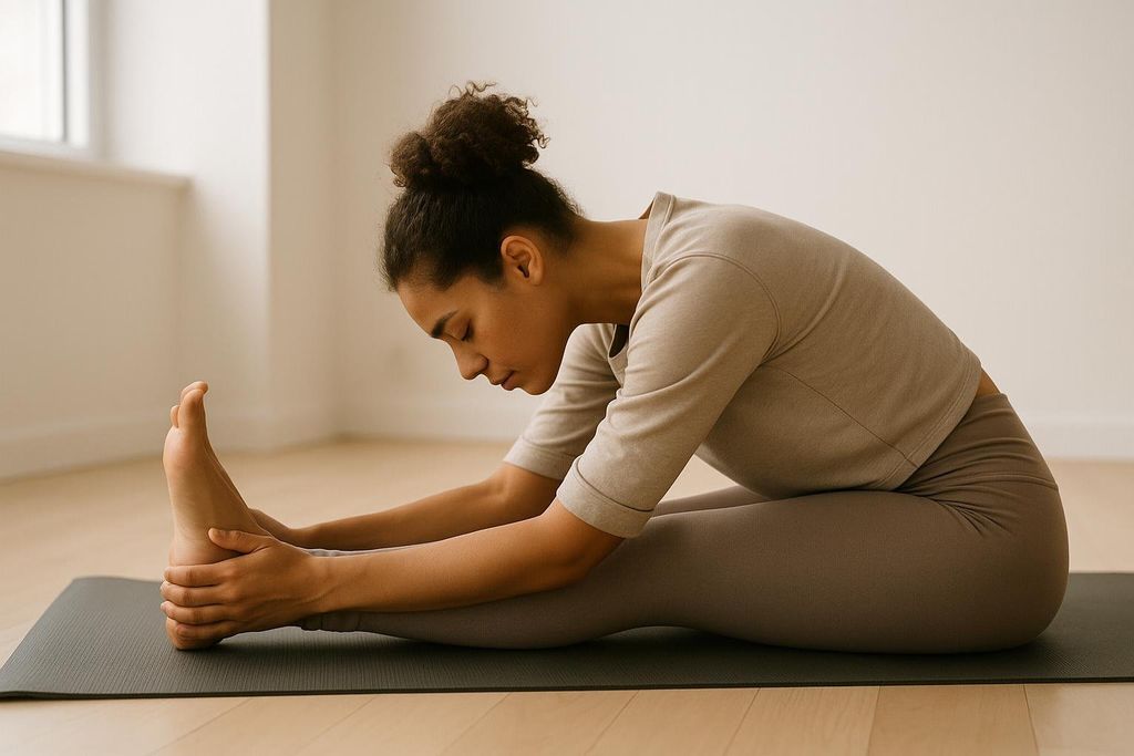 A woman sits on a mat in a bright room, reaching for her toes in a seated hamstring stretch, illustrating a restful recovery practice.