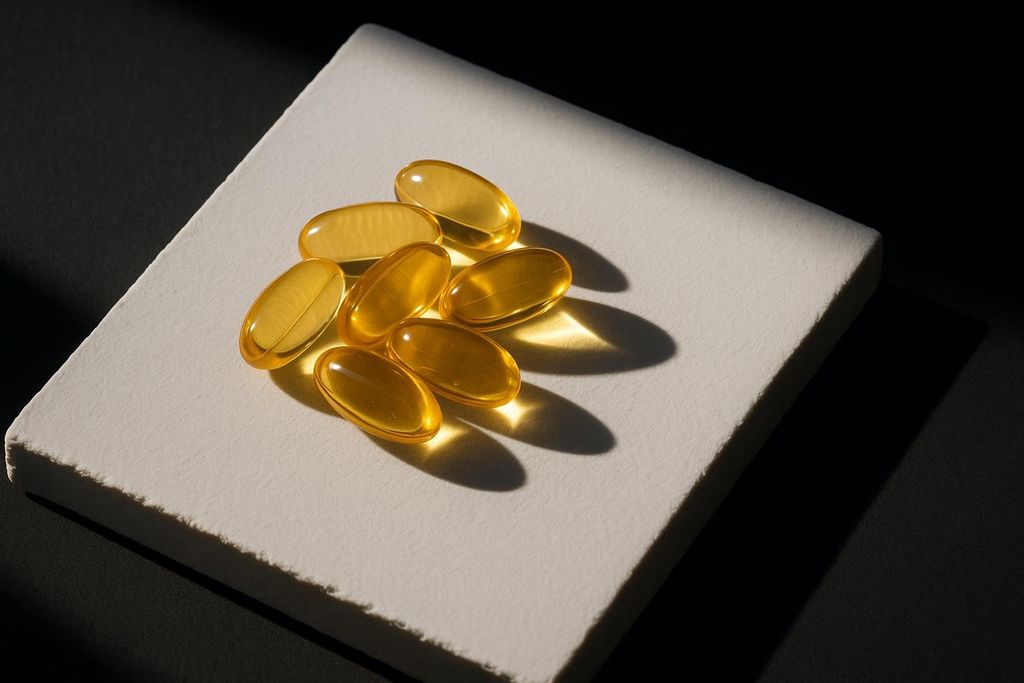 Several golden, oval-shaped fish oil softgels are scattered on a textured white surface, casting shadows. The background is dark, emphasizing the bright, translucent pills.
