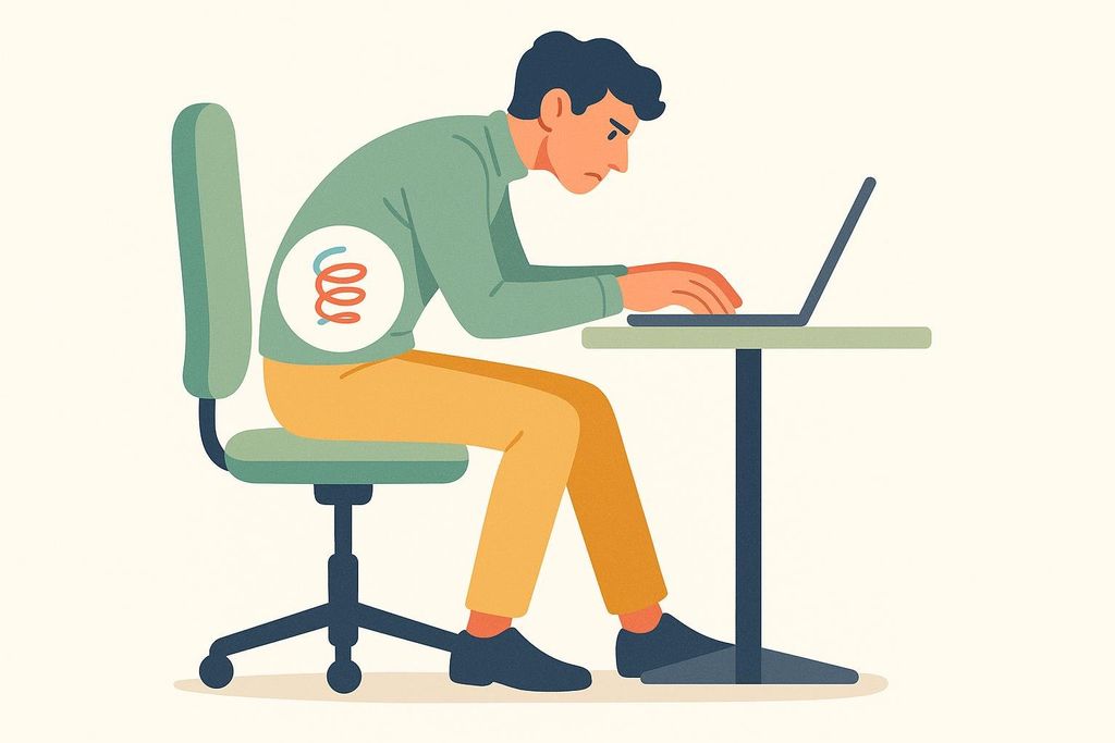 An illustration of a person with poor posture sitting at a desk and typing on a laptop, with a red coiled spring inside their lower back area to symbolize hip or back tension.