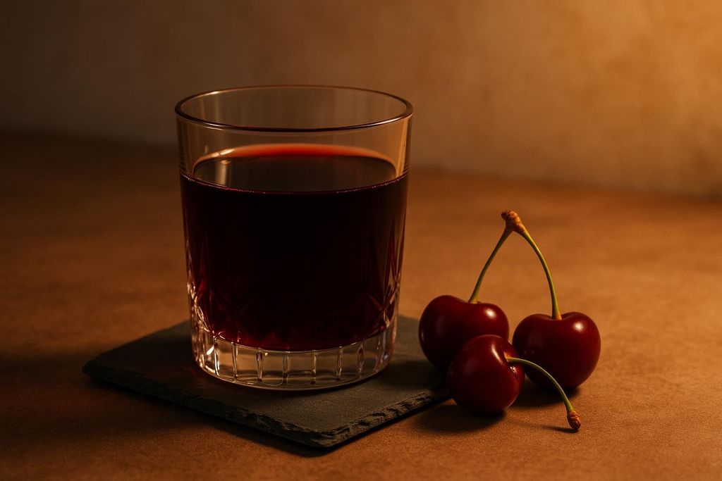 A glass tumbler filled with dark red cherry juice, sitting on a square black slate coaster. To the right of the glass are three fresh, ripe red cherries with green stems. The background is a soft, warm brown, with a gentle highlight on the wall behind the glass.
