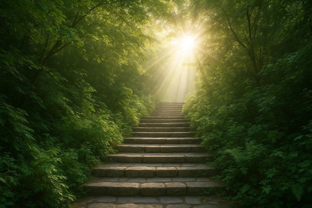 A tranquil upward-leading outdoor staircase surrounded by green leaves under morning sunlight.