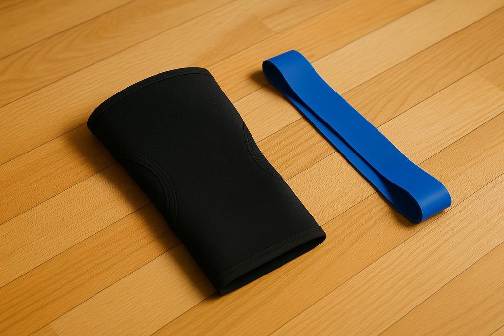 Black knee sleeve and resistance band on gym floor