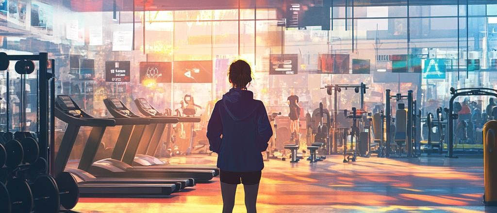 A woman in a hooded jacket and shorts stands in the middle of a brightly lit gym. Treadmills and weight machines surround her.