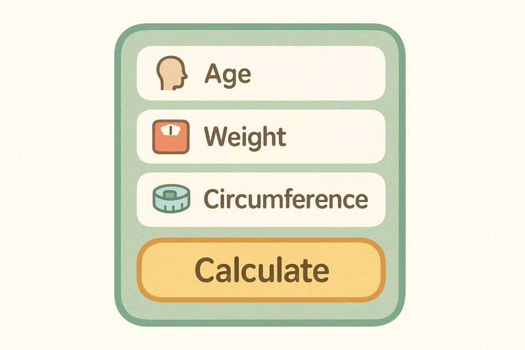 Illustration of a simple calculator interface with input fields for age, weight, and circumference, and a 'Calculate' button.