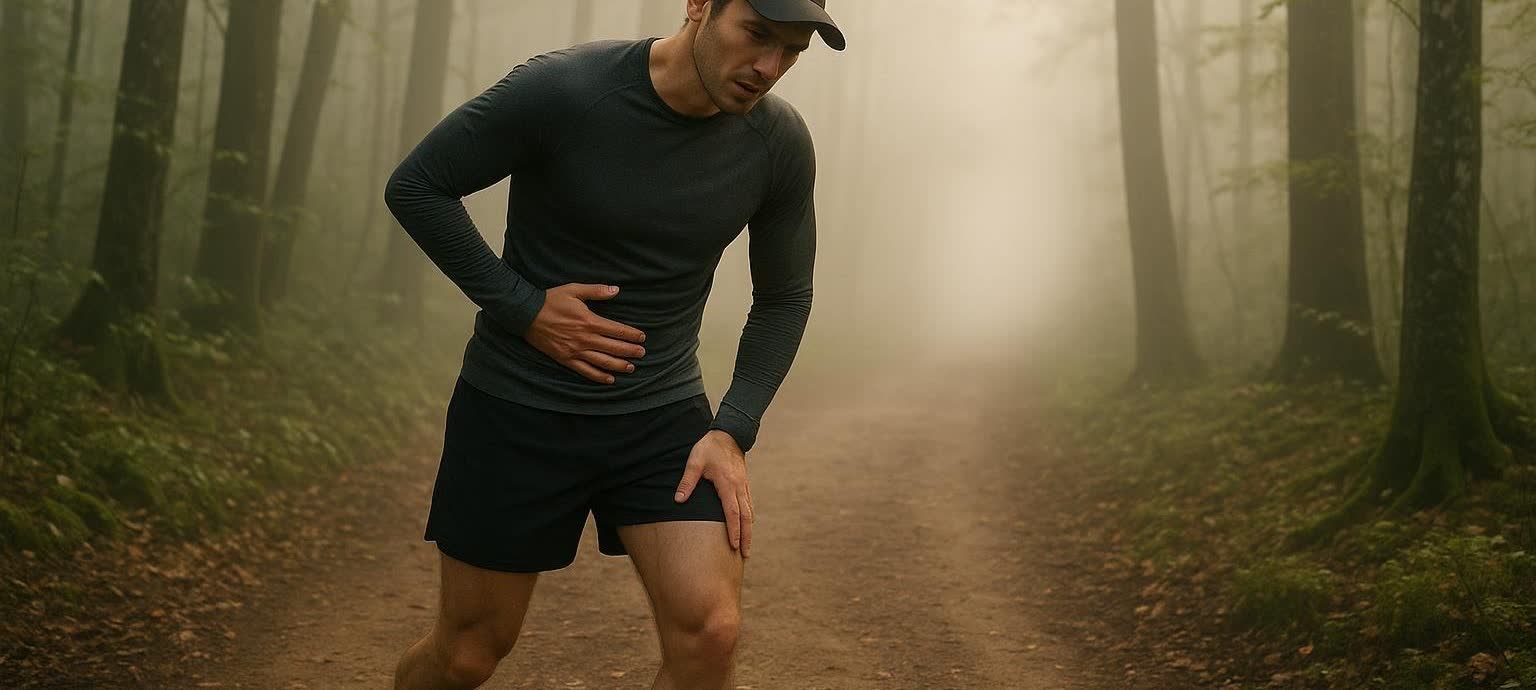 A male runner in a long-sleeved shirt and shorts stands on a foggy trail, holding his side in discomfort, possibly experiencing a side stitch or cramp.