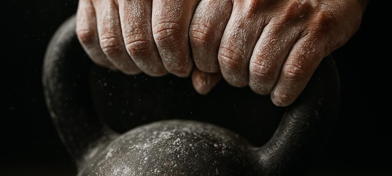 Close-up of chalk-covered hands gripping the handle of a heavy, black kettlebell, showing texture and dust.