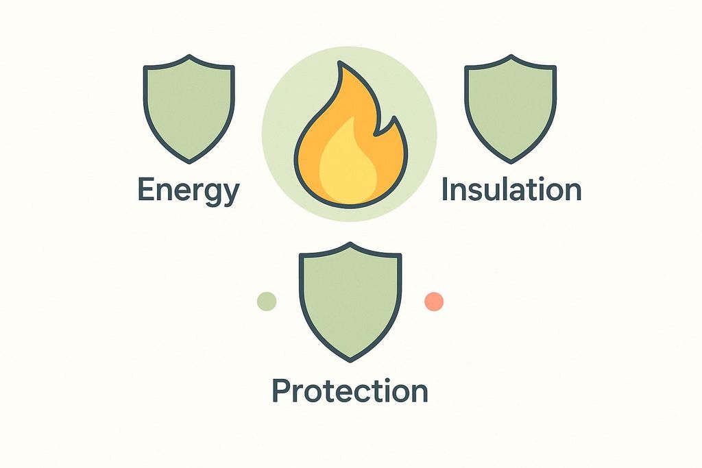 A diagram illustrating the primary roles of fat: Energy, Insulation, and Protection. The word "Energy" is next to a shield icon, a central flame icon represents a source, "Insulation" is next to another shield icon, and "Protection" is below a third shield icon.