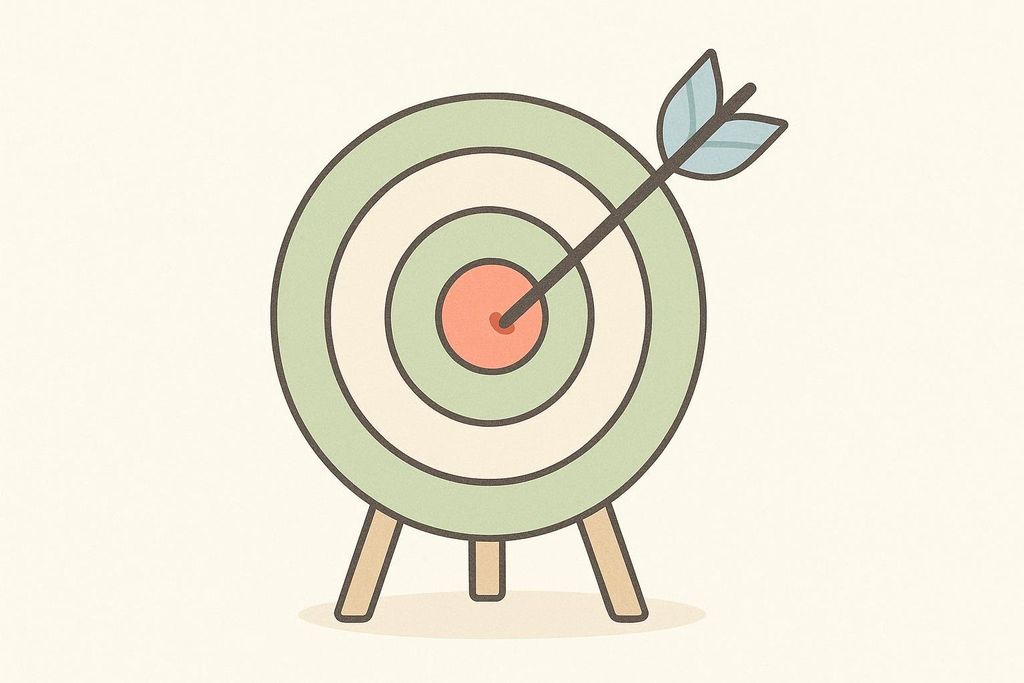 An illustration of a green and white target with an arrow perfectly hitting the bullseye, which is colored red. The target stands on a light brown background supported by two brown legs.