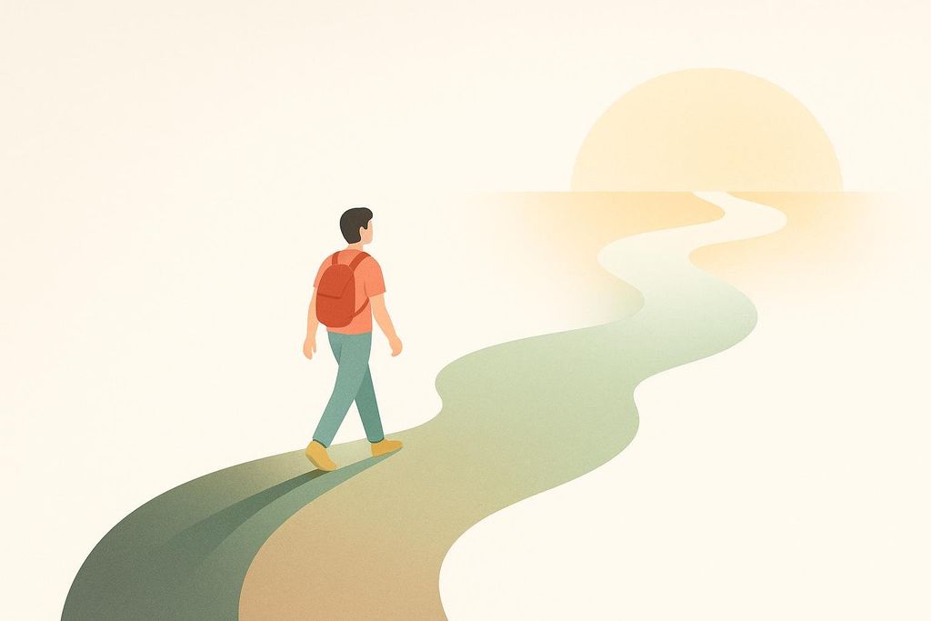 An illustration of a man with a backpack walking on a winding path towards a large, setting sun on the horizon, symbolizing a progressive journey.