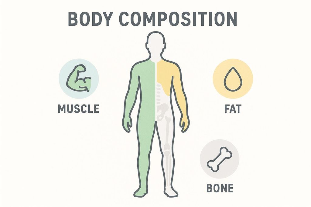 A diagram illustrating body composition, showing a human figure divided into three components: muscle (green), fat (yellow), and bone (white with skeletal outline). Icons and labels for 'Muscle', 'Fat', and 'Bone' are also presented around the figure.