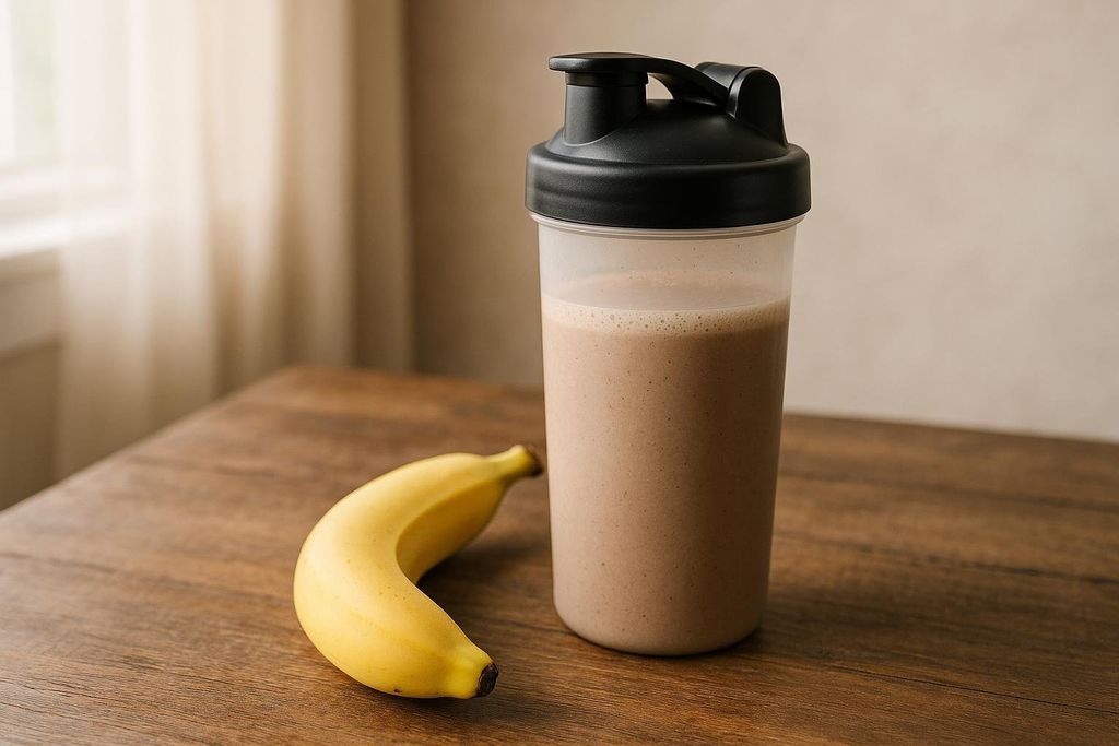 A protein shake in a clear bottle with a black lid sits next to a yellow banana on a wooden table. This is for post-workout recovery.