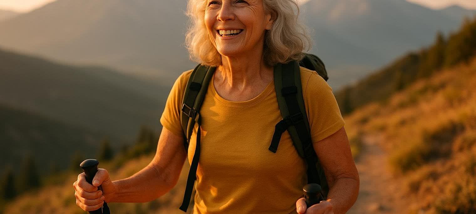 An active senior woman with gray hair, wearing a yellow t-shirt and green backpack, smiles brightly while hiking in the mountains at sunset, holding trekking poles.