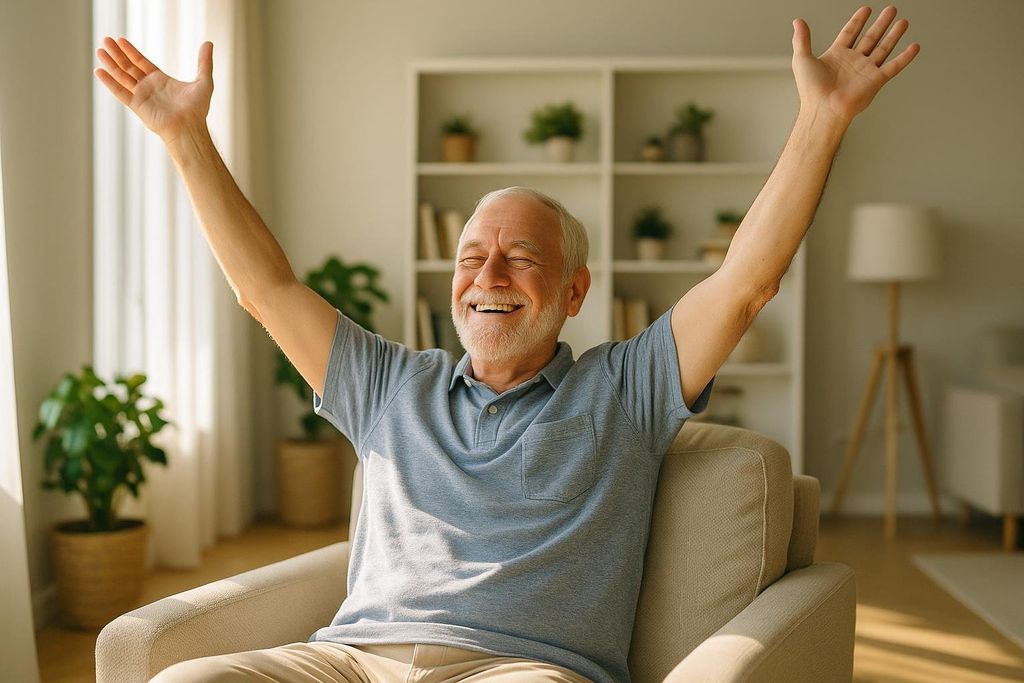A happy senior man with a white beard and gray short-sleeved polo shirt sits in an armchair with his arms raised over his head and a wide smile on his face, eyes closed. The background shows a bright, modern living room.