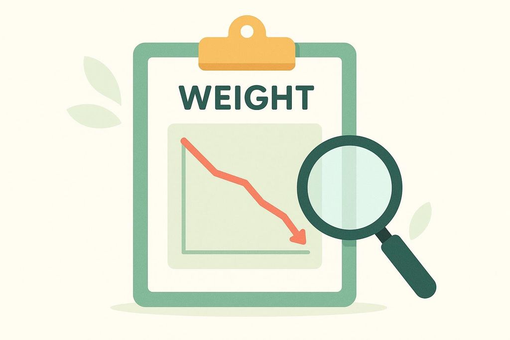 An illustration showing a clipboard with 'WEIGHT' written at the top and a downward-trending red line graph. A magnifying glass is positioned over the chart, indicating a focus on weight loss.