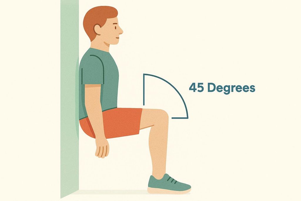 Illustration of a person performing a wall sit exercise with their knees bent at a 45-degree angle, indicated by a blue arc and text.