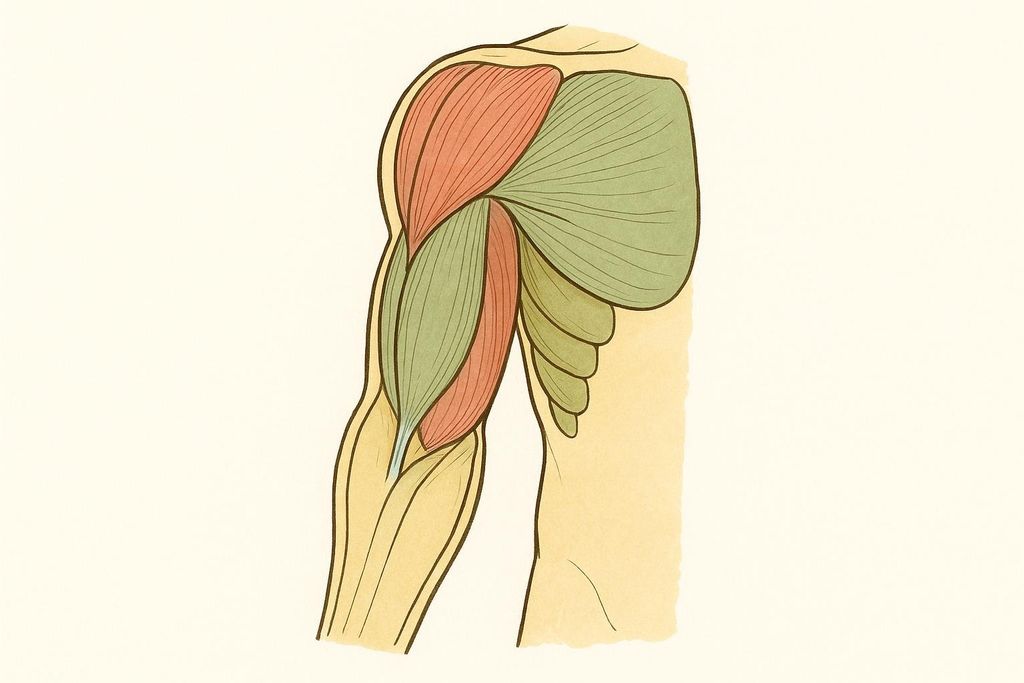 An anatomical illustration showing the muscles of a human arm. The biceps brachii is colored red, the brachialis muscle is green, and the triceps brachii is also red, indicating different muscle groups and their relative positions in the upper arm.