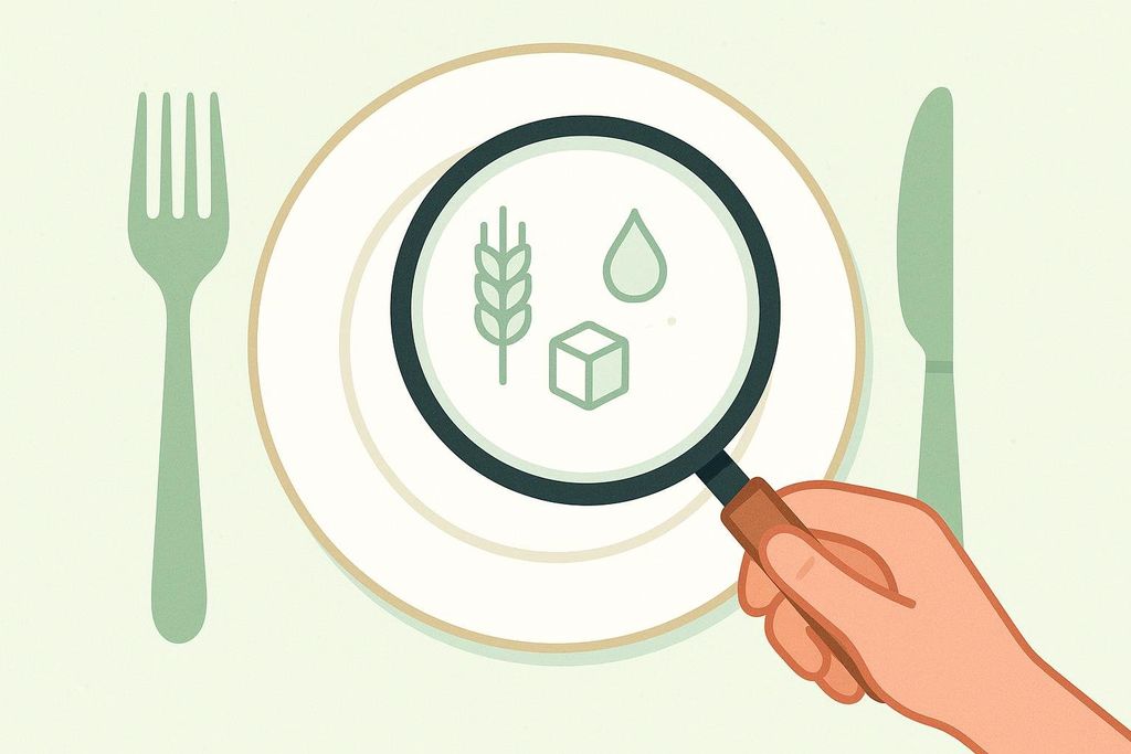 A magnifying glass held over a white plate. Inside the magnified area are three icons: a wheat stalk for gluten, a droplet for dairy, and a sugar cube for sugar, symbolizing food sensitivity identification.