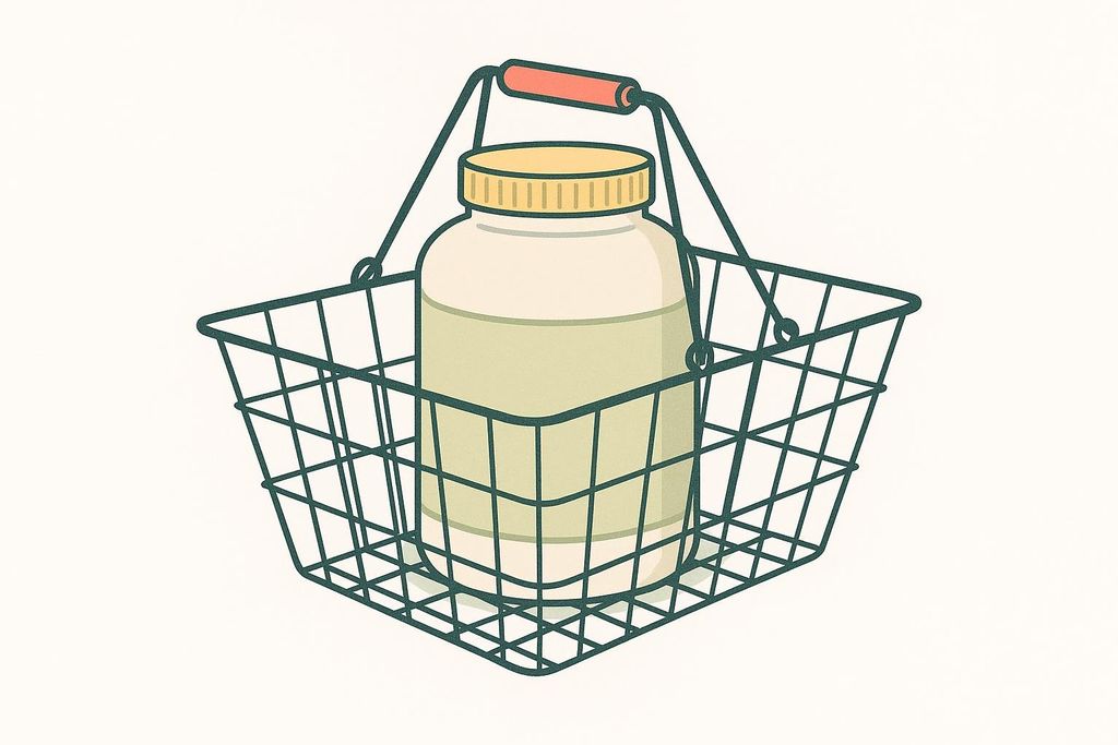 A minimalist wire shopping basket holding a large supplement tub.