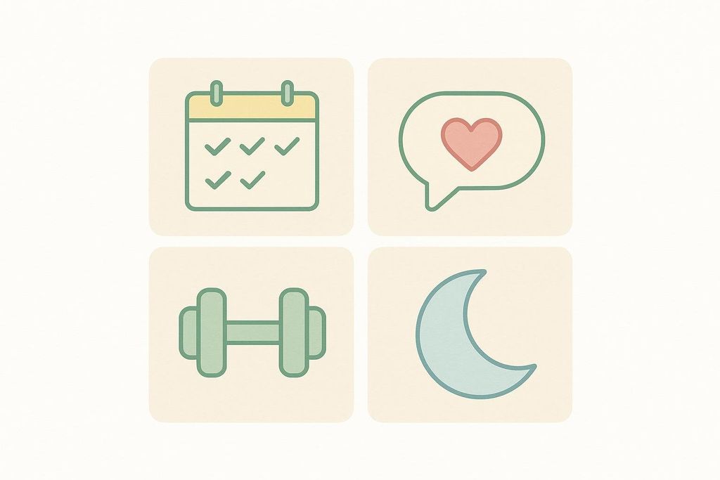 Four icons in a grid representing a CrossFit quick-start plan: consistency (calendar with checkmarks), communication (speech bubble with heart), smart scaling (dumbbell), and recovery (crescent moon).