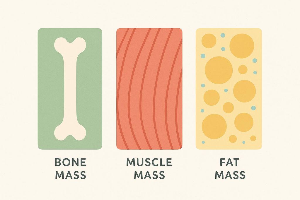 An abstract graphic displaying three rectangular panels, each representing a component of body composition. The first, on a green background, shows a white bone shape with the text "BONE MASS" below it. The second, on a red background, displays vertical wavy lines suggesting muscle fibers with the text "MUSCLE MASS". The third, on a yellow background, features various sized orange circles and small blue dots, representing fat, with the text "FAT MASS" below it.