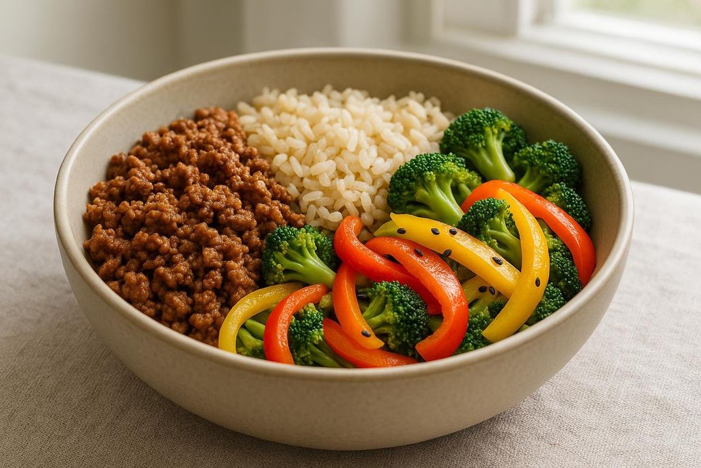 A Korean beef burrito bowl with brown rice and mixed stir-fry vegetables including broccoli, red bell peppers, and yellow bell peppers, topped with black sesame seeds.