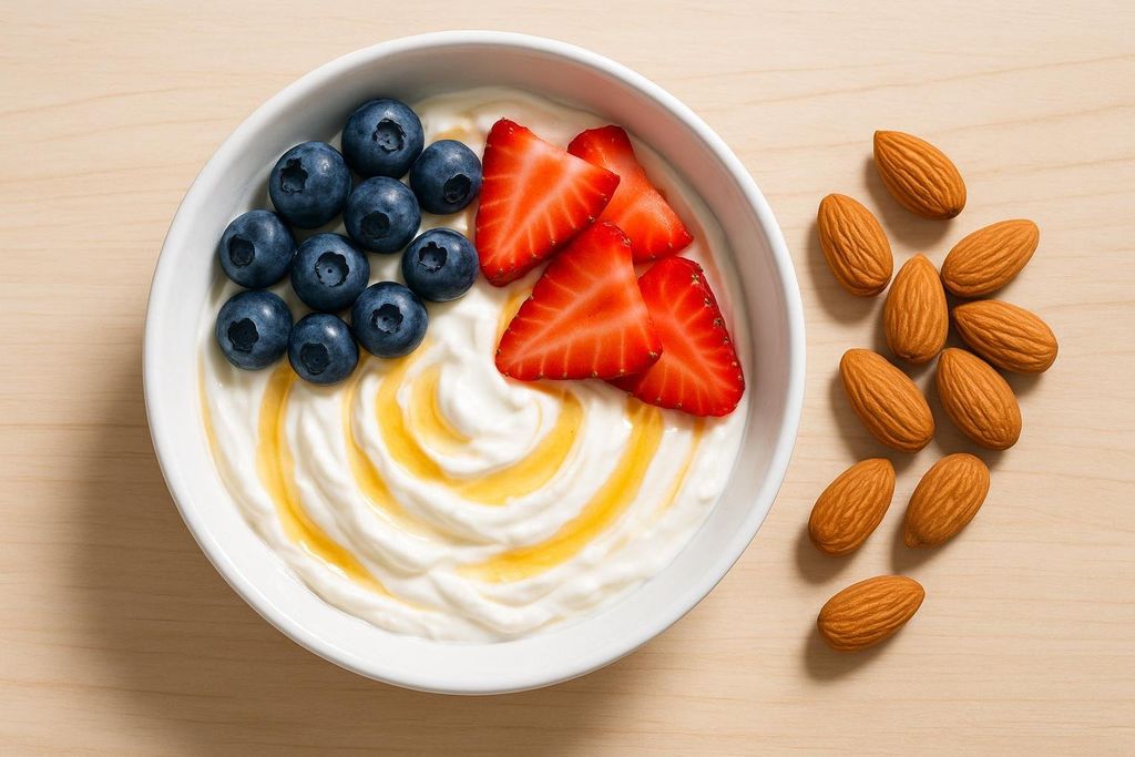 A white bowl of Greek yogurt topped with blueberries, sliced strawberries, and a drizzle of honey, with whole almonds scattered on the light wooden surface beside it.