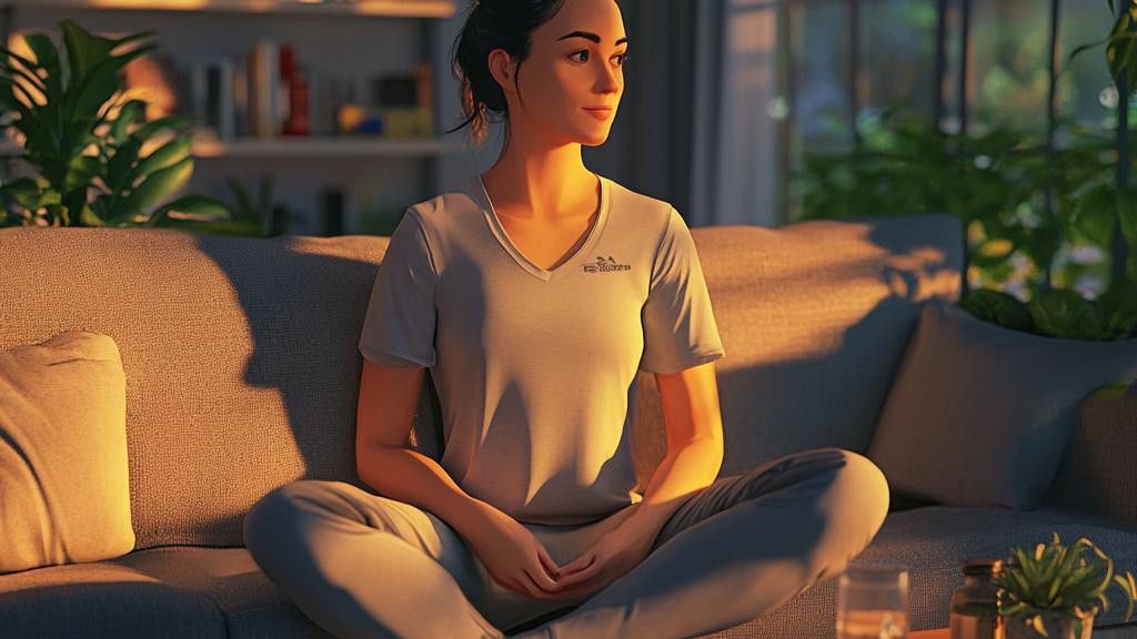 A woman sits in a cross-legged meditative pose on a couch, bathed in warm light.