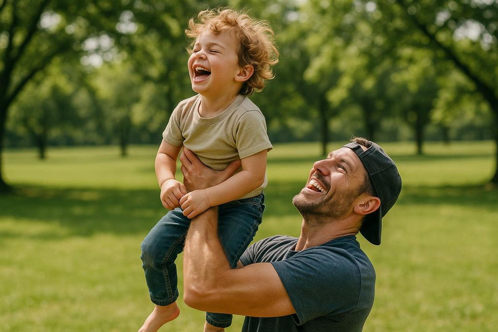 A man in a baseball cap holding a young child up in the air, both smiling and laughing joyfully in a sunny green park with trees in the background.