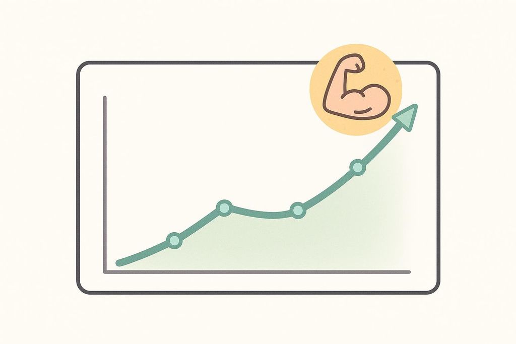 An upward trending line chart with a flexing bicep muscle icon at the peak, symbolizing strength or improvement.