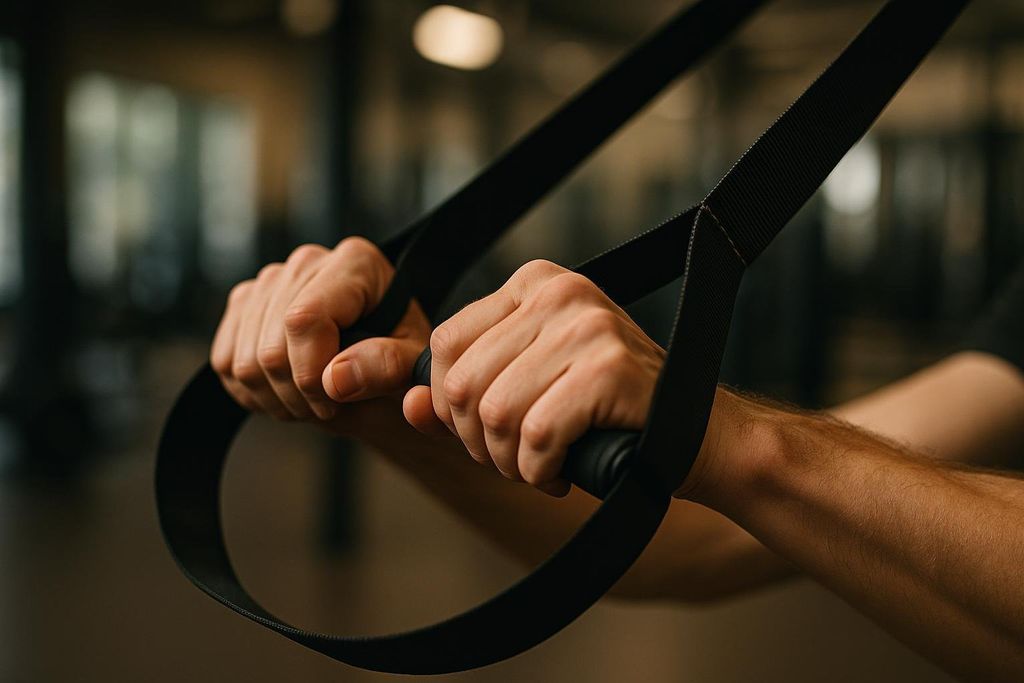 Close-up of a person's hands gripping the black handles of a suspension trainer in a gym setting.