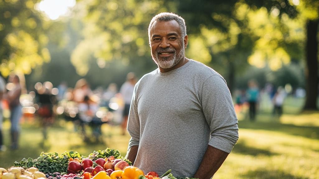 A smiling man stands in a park next to a table laden with fresh vegetables and fruit. Other people are blurry in the background.