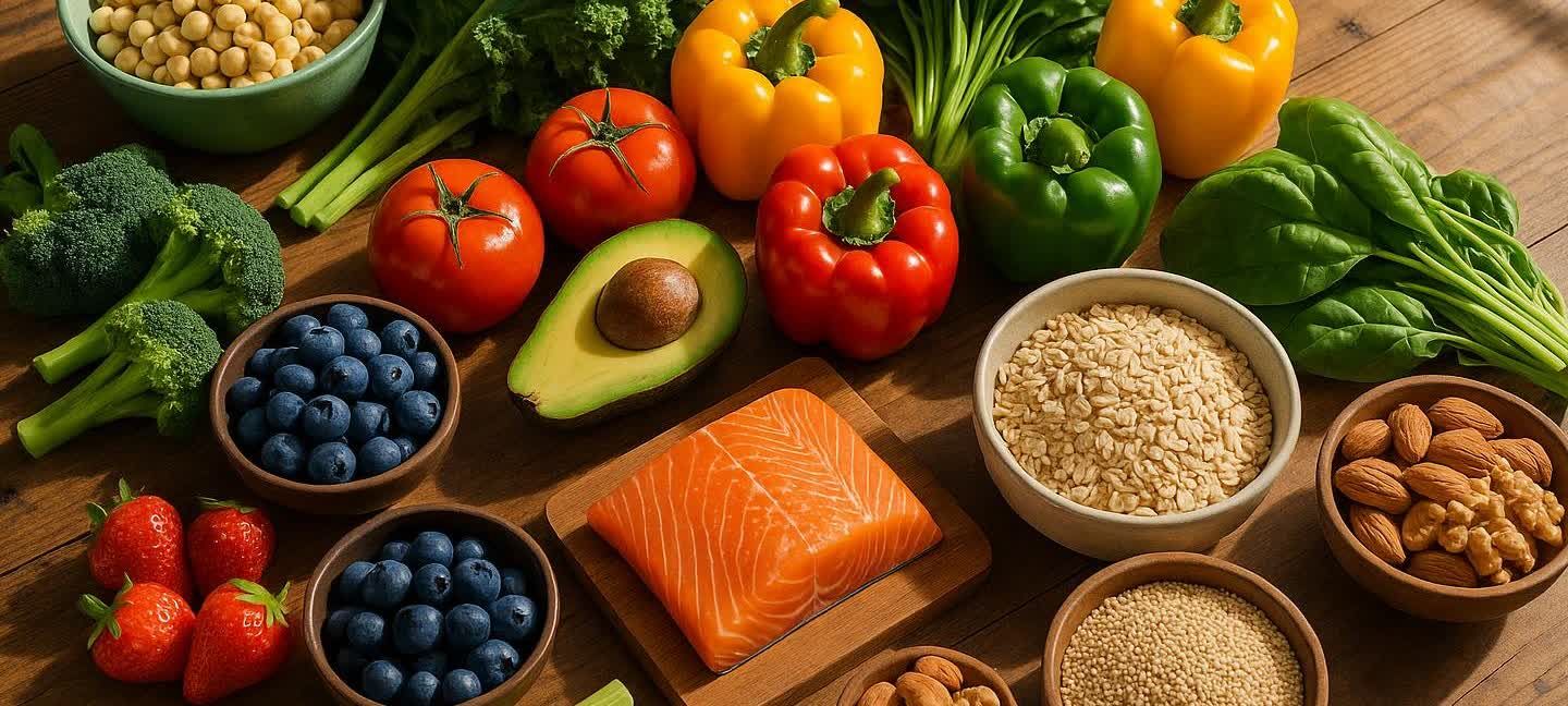 An overhead view of a wooden table covered in a variety of fresh unprocessed foods, including vegetables like broccoli, spinach, tomatoes, and bell peppers; fruits like blueberries and strawberries; a sliced avocado, a salmon fillet, and bowls of chickpeas, grains, almonds, and walnuts.