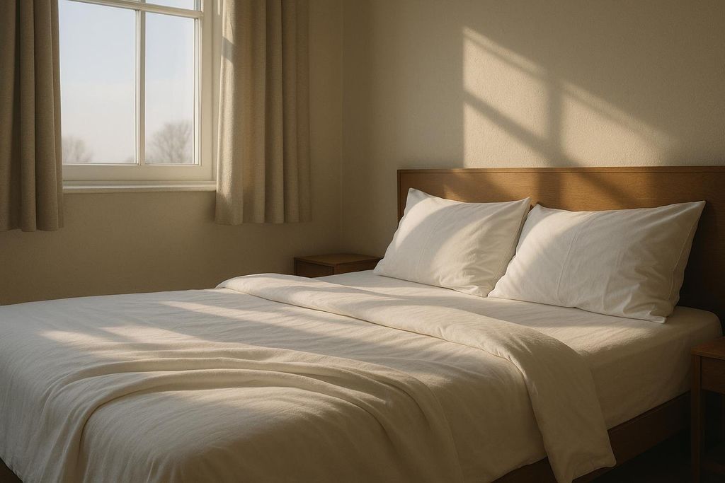 A serene bedroom bathed in warm morning sunlight, featuring a bed with white linens and a wooden headboard, next to a window with light-colored curtains.