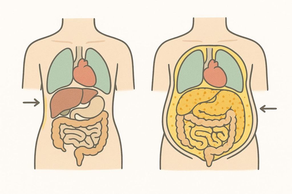A side-by-side diagram of two human torsos. The torso on the left shows a thin layer of subcutaneous fat under the skin while the internal organs are not surrounded by fat. An arrow points to the thin layer of subcutaneous fat. The torso on the right shows a larger abdomen caused by a significant accumulation of visceral fat surrounding the internal organs, which are noticeably compressed. An arrow points to the bulging abdomen, indicating the extent of the visceral fat.