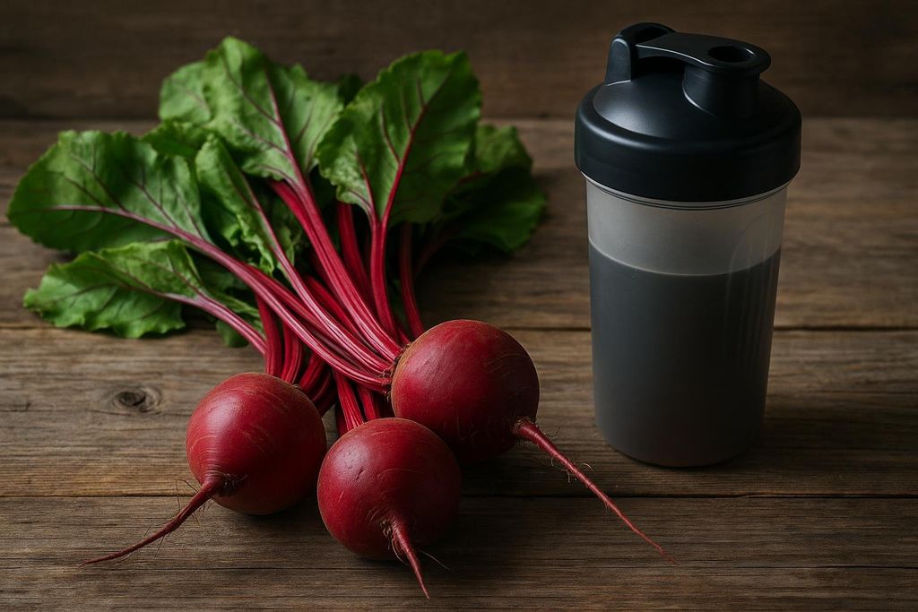 Three fresh beets with green tops next to a black and gray workout shaker bottle filled with a dark liquid on a wooden table.