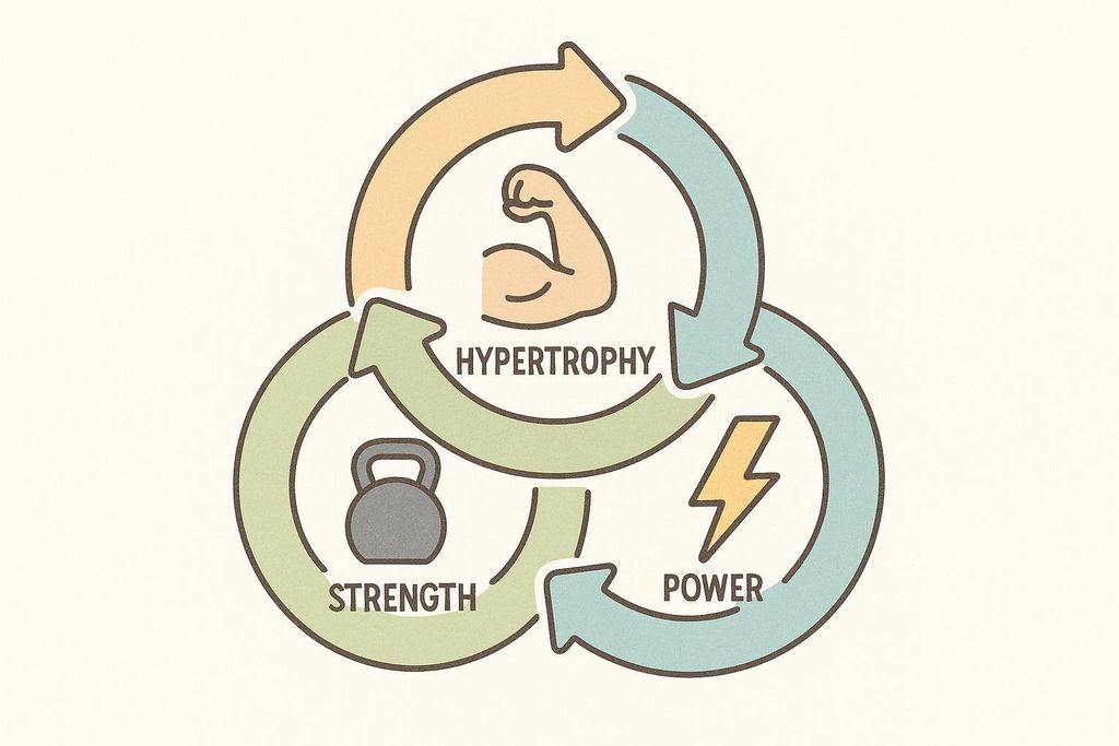 Stylized cycle of icons representing periodization in training: strength (kettlebell), hypertrophy (bicep), and power (lightning bolt) phases.