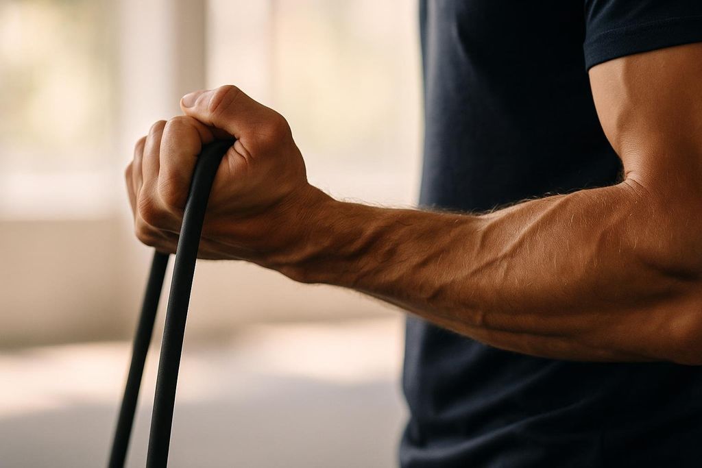 Close-up of a person's hand gripping a black resistance band, showing engaged forearm muscles with visible veins beneath the skin.