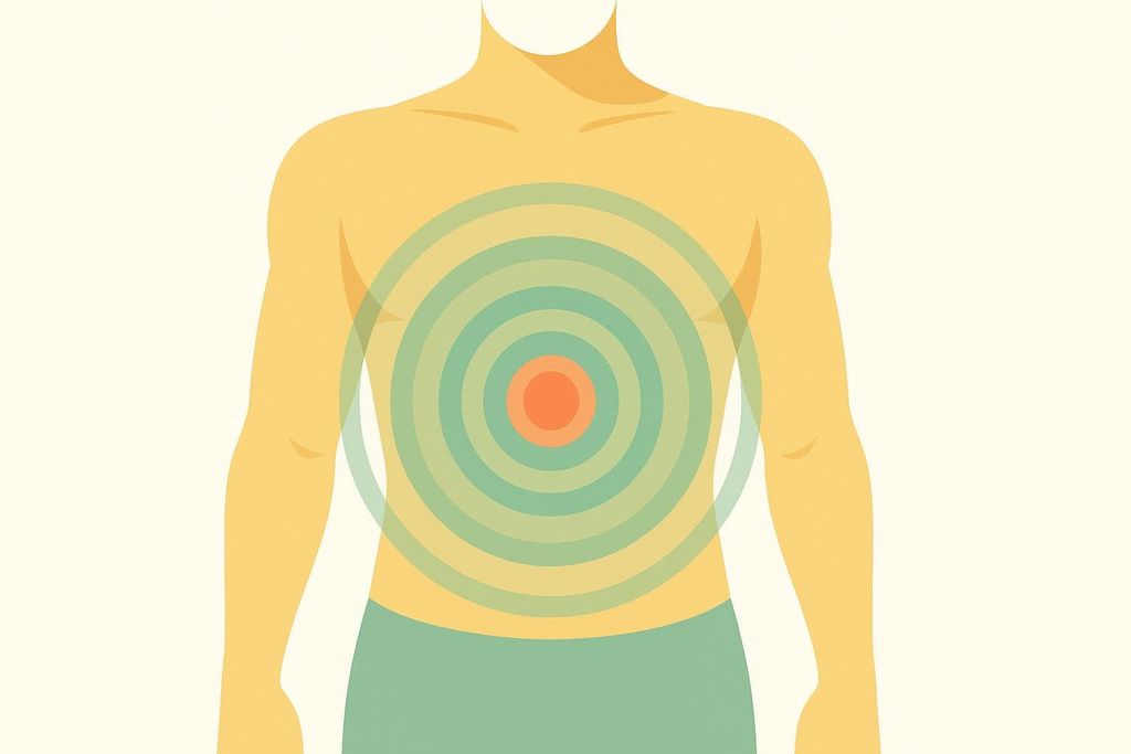 Abstract illustration of a human torso with concentric, glowing rings emphasizing core strength, with a prominent red circle at the center.