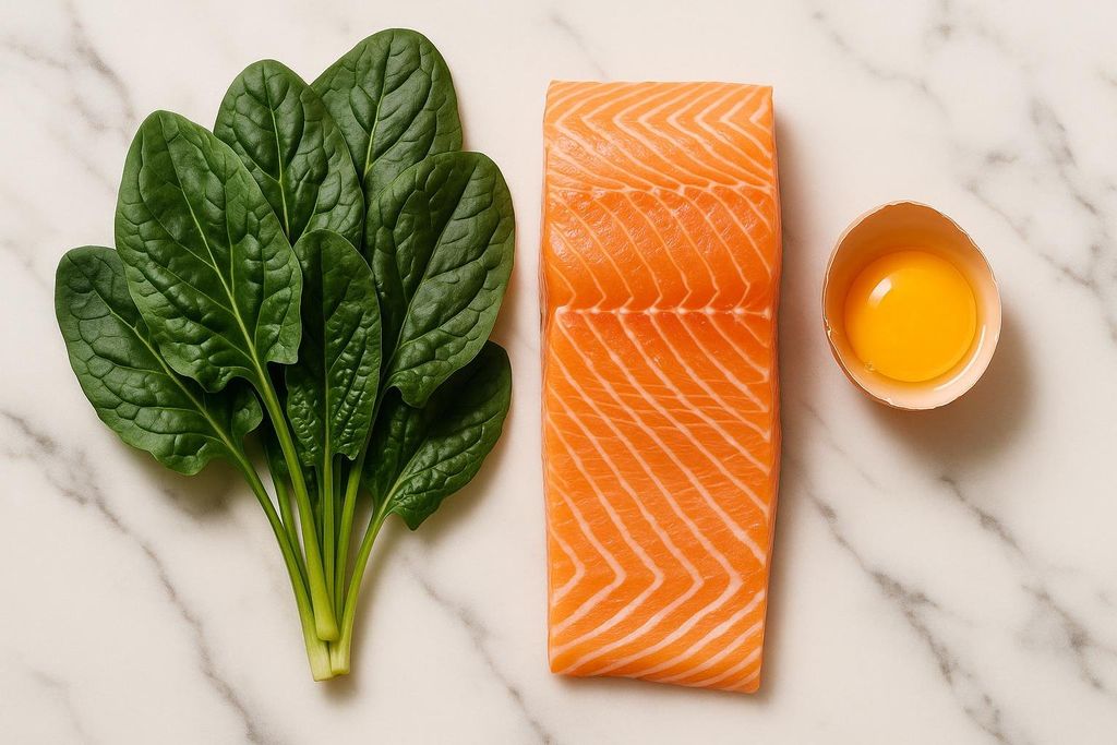 An overhead shot of fresh spinach, a salmon fillet, and an egg yolk in a cracked shell, all laid out on a light marble counter, representing high protein food items.