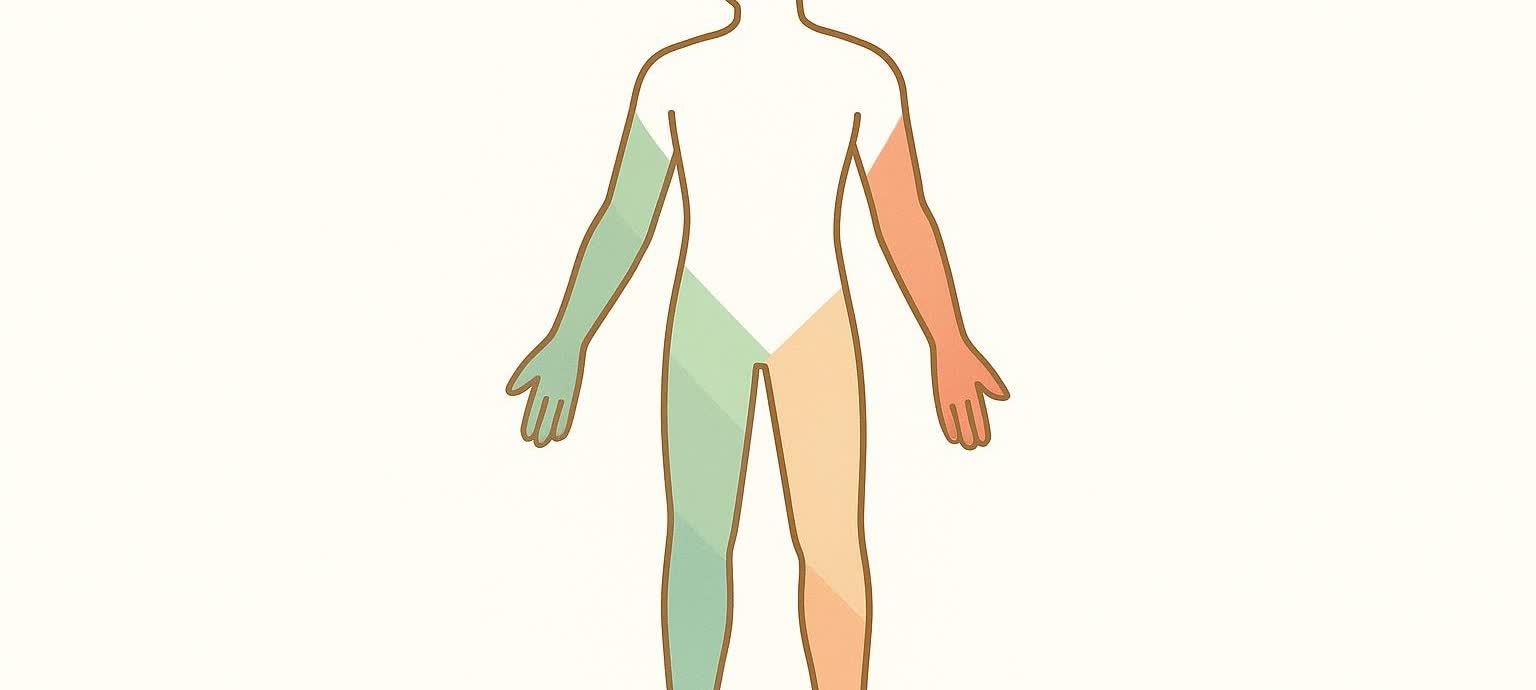 Abstract representation of appendicular lean mass highlighting arms and legs, with the left arm and leg colored green and the right arm and leg colored orange. The torso and head are outlined in brown.