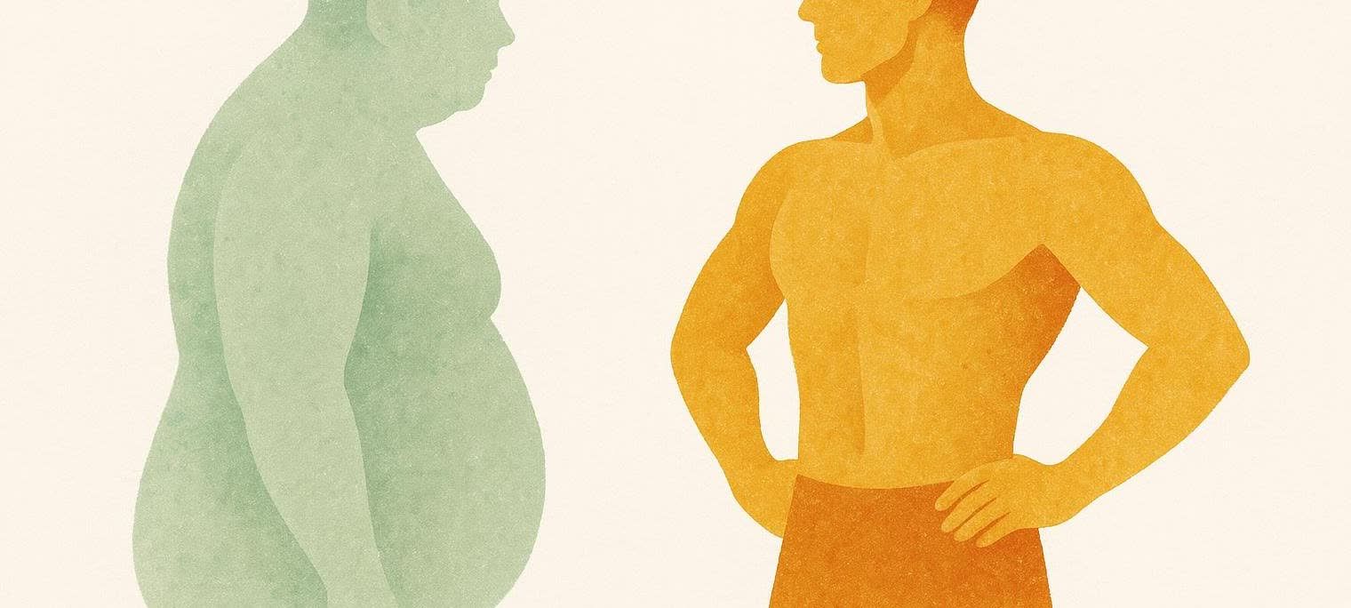 A stylized illustration depicting the silhouette of an overweight person transforming into a fit, muscular person.