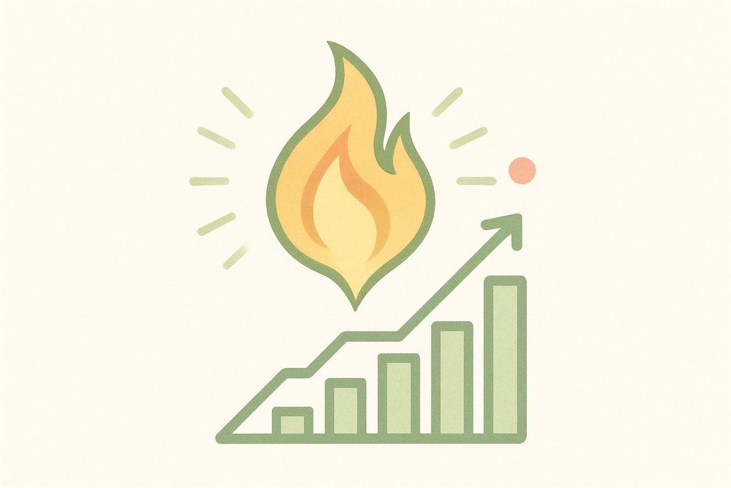 An icon depicting a yellow and orange flame with rays emanating from it, positioned above a green bar chart with an upward-pointing arrow. This visual metaphor suggests increasing calorie burning or progress in fitness.