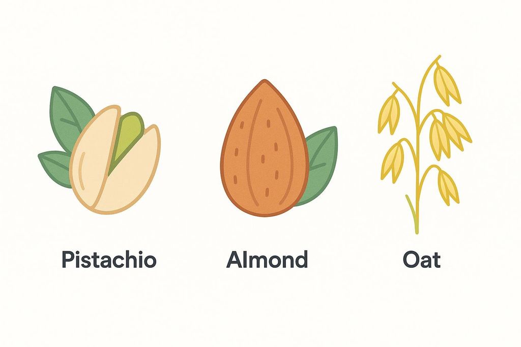 A side-by-side comparison of three illustrations: a pistachio with two green leaves, an almond with one green leaf, and a stalk of oats with several husks.