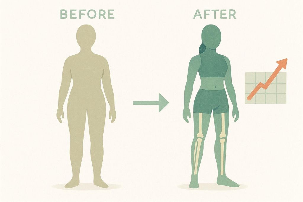 Stylized illustration showing positive body composition changes (lean mass, bone density) from rucking, with an upward trend arrow.