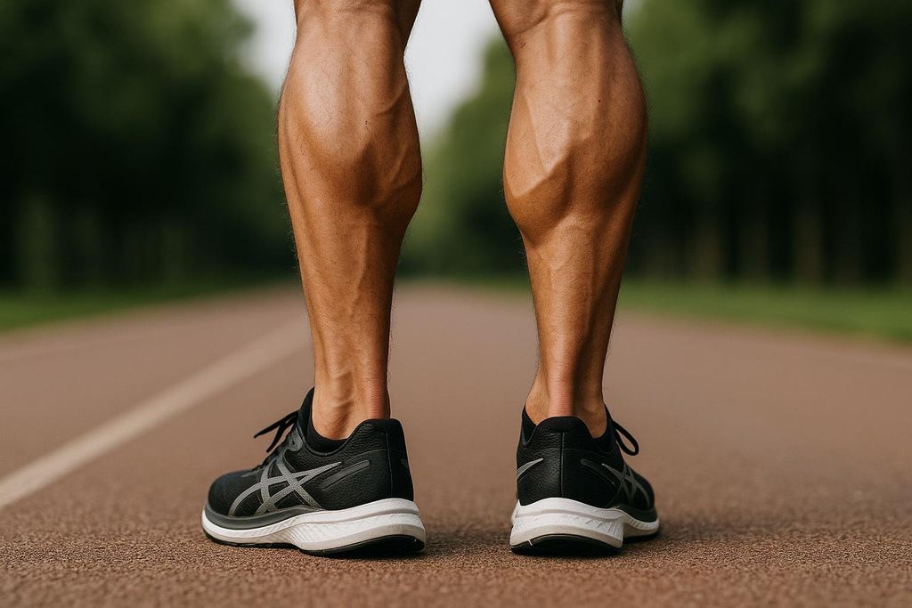 A close-up, low-angle shot of a person's muscular calves and lower legs, wearing black and white running shoes on a blurred reddish-brown track. The legs appear strong and defined, with visible muscle striations and veins, suggesting an athletic build or sustained physical activity.